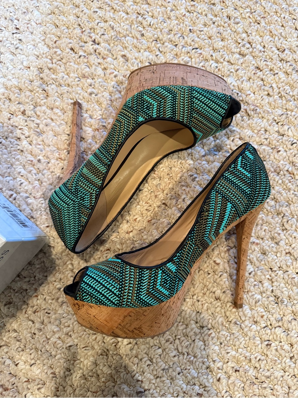 G by Guess Teal and Black Patterned Cork Platform Peep-Toe Pumps
